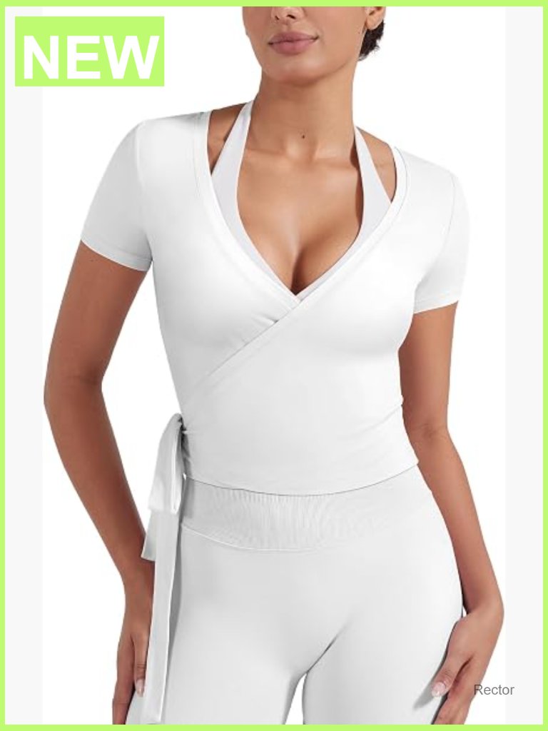 Women's Wrap Top Short Sleeve Self Tie Ballet Yoga Pilates Shirt